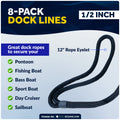 1/2" x 15' Dock Lines, Navy Blue, Double Braid Nylon, 8-Pack
