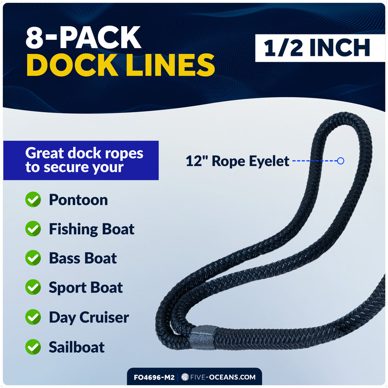 1/2" x 15' Dock Lines, Navy Blue, Double Braid Nylon, 8-Pack
