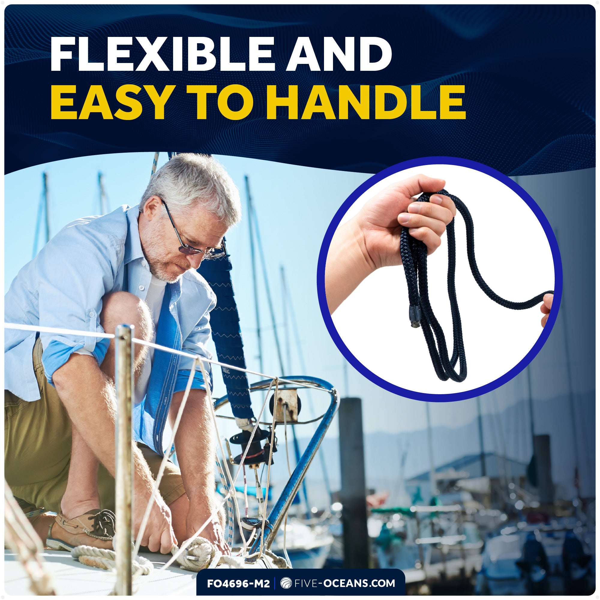1/2" x 15' Boat Dock Lines with 12" Eyelet, Navy Blue Premium Double Braid Nylon, 8-Pack - FO4696-M2 - Five Oceans