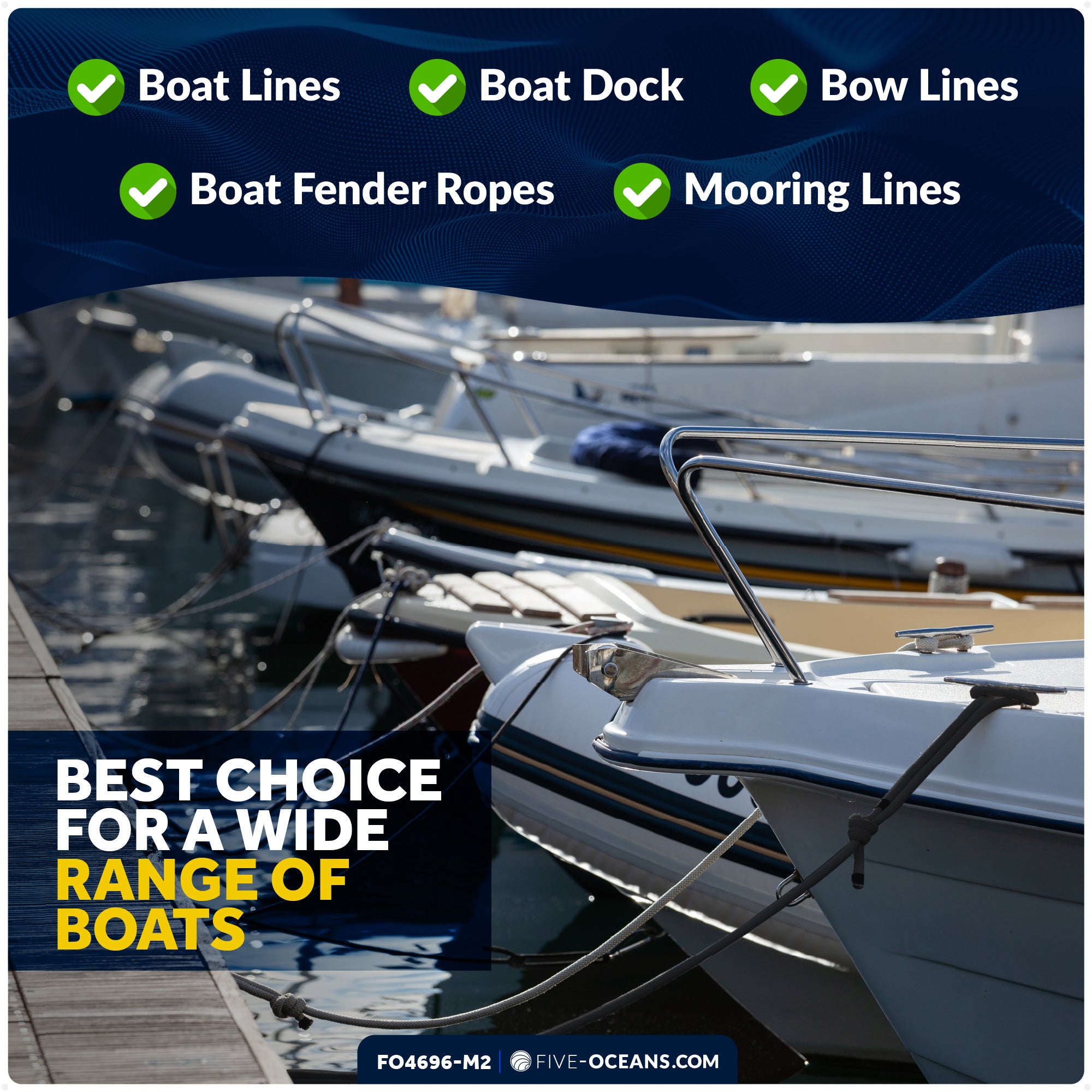 1/2" x 15' Boat Dock Lines with 12" Eyelet, Navy Blue Premium Double Braid Nylon, 8-Pack - FO4696-M2 - Five Oceans