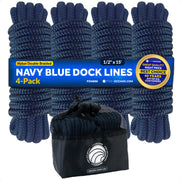 1/2" x 15' Boat Dock Lines with 12" Eyelet, Navy Blue Premium Double Braid Nylon, 4-Pack - FO4696 - Five Oceans