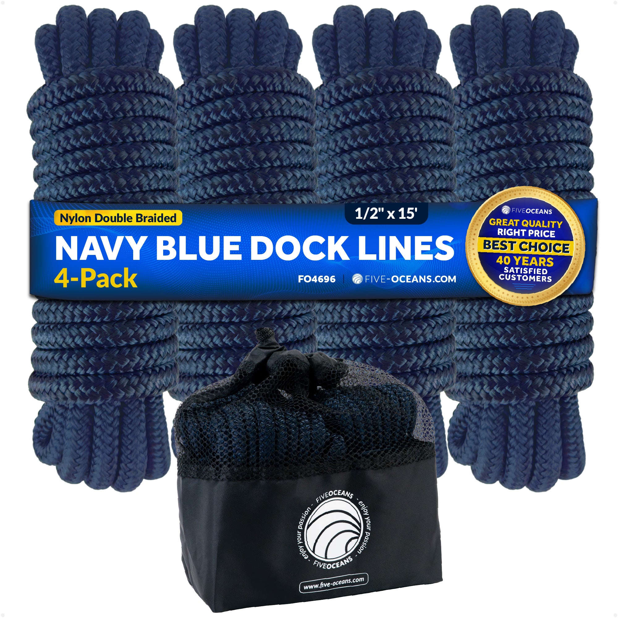 1/2" x 15' Boat Dock Lines with 12" Eyelet, Navy Blue Premium Double Braid Nylon, 4-Pack - FO4696 - Five Oceans