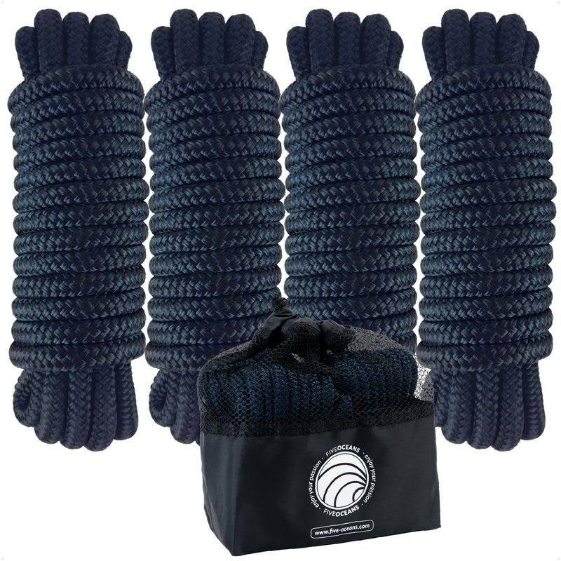 1/2" x 15' Dock Lines, Navy Blue, Double Braid Nylon, 4-Pack