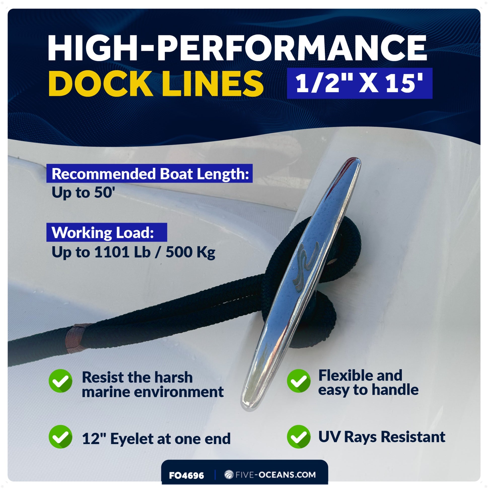 1/2" x 15' Boat Dock Lines with 12" Eyelet, Navy Blue Premium Double Braid Nylon, 4-Pack - FO4696 - Five Oceans