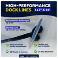 1/2" x 15' Dock Lines, Navy Blue, Double Braid Nylon, 4-Pack