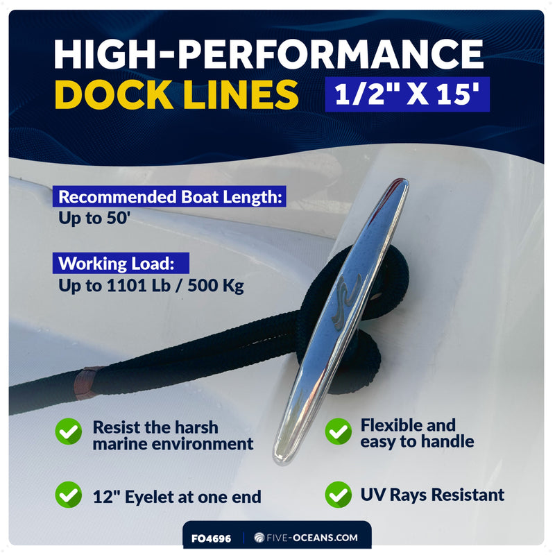 1/2" x 15' Dock Lines, Navy Blue, Double Braid Nylon, 4-Pack