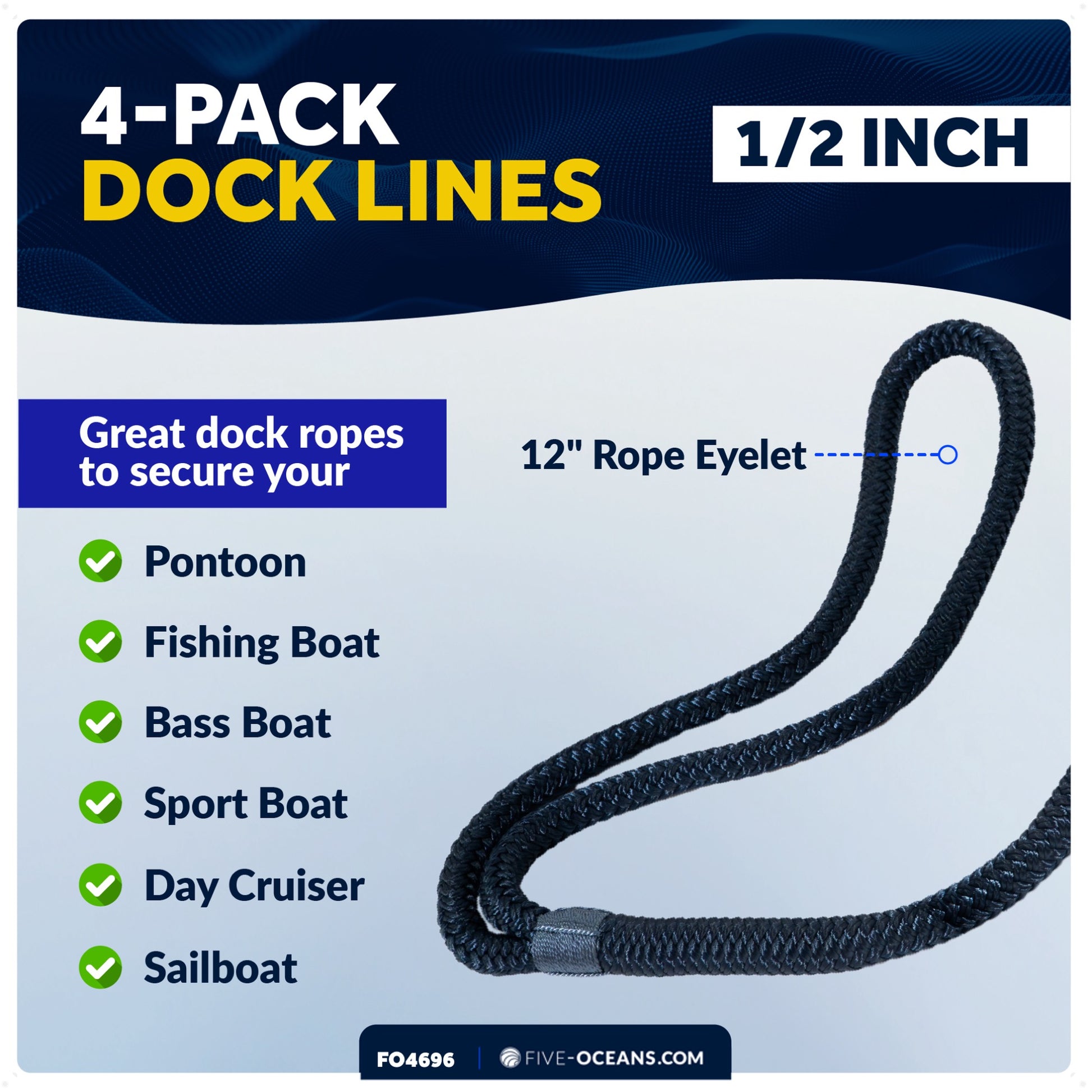 1/2" x 15' Boat Dock Lines with 12" Eyelet, Navy Blue Premium Double Braid Nylon, 4-Pack - FO4696 - Five Oceans
