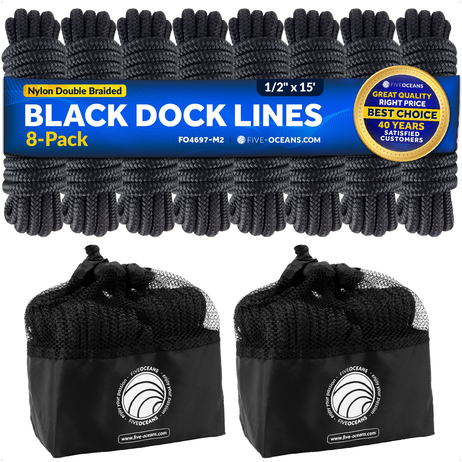 1/2" x 15' Boat Dock Lines with 12" Eyelet, Black Premium Double Braid Nylon, 8-Pack - FO4697-M2 - Five Oceans