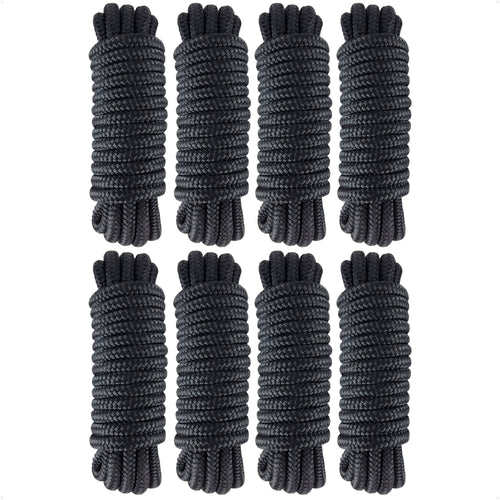 1/2" x 15' Dock Lines, Black, Double Braid Nylon, 8-Pack