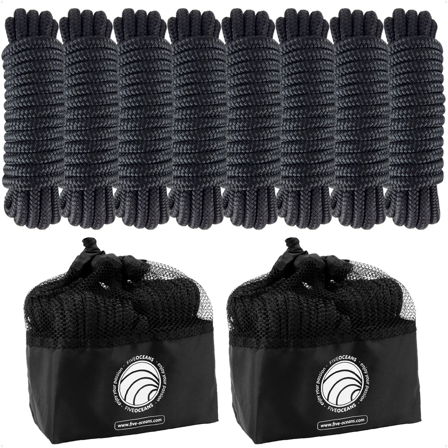 1/2" x 15' Dock Lines, Black, Double Braid Nylon, 8-Pack