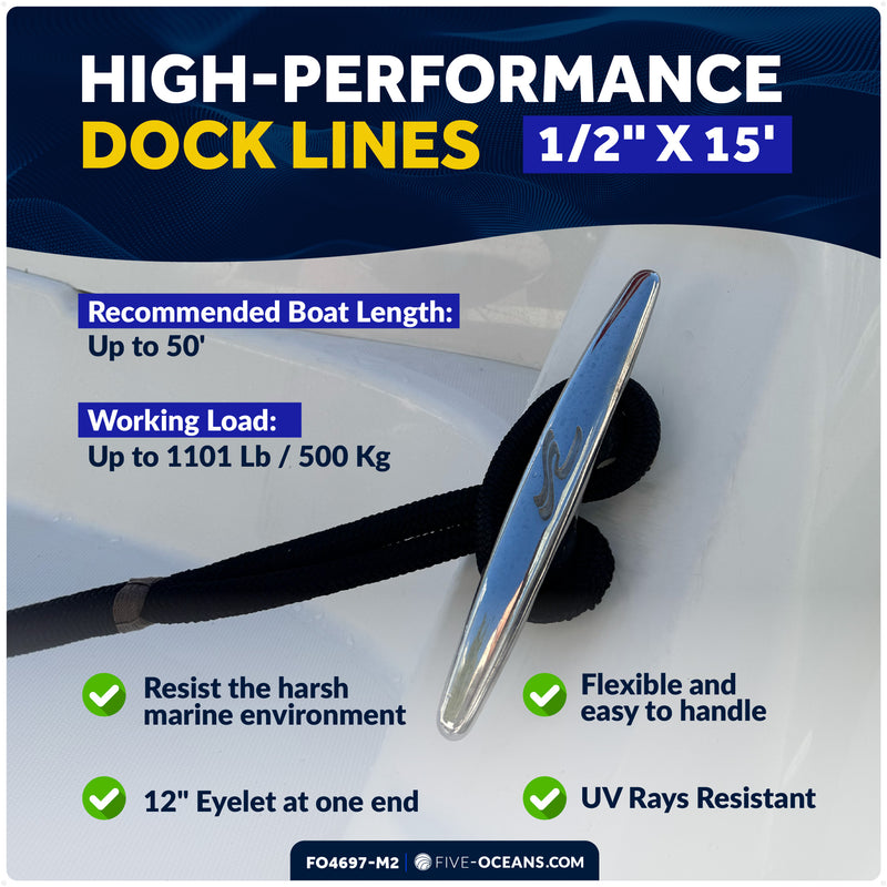 1/2" x 15' Dock Lines, Black, Double Braid Nylon, 8-Pack