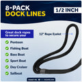1/2" x 15' Dock Lines, Black, Double Braid Nylon, 8-Pack