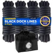 1/2" x 15' Boat Dock Lines with 12" Eyelet, Black Premium Double Braid Nylon, 4-Pack - FO4697 - Five Oceans