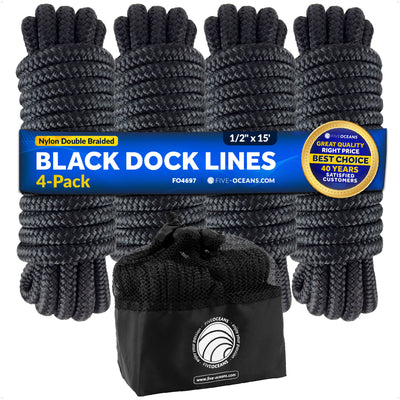 1/2" x 15' Boat Dock Lines with 12" Eyelet, Black Premium Double Braid Nylon, 4-Pack - FO4697 - Five Oceans