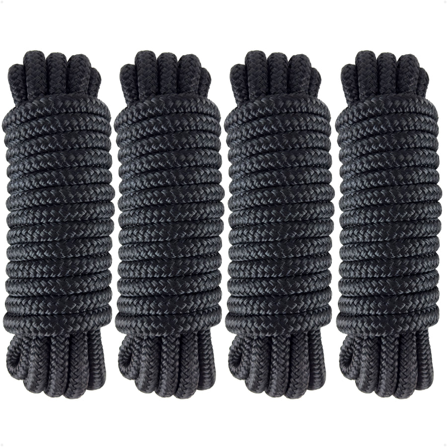 1/2" x 15' Dock Lines, Black, Double Braid Nylon, 4-Pack