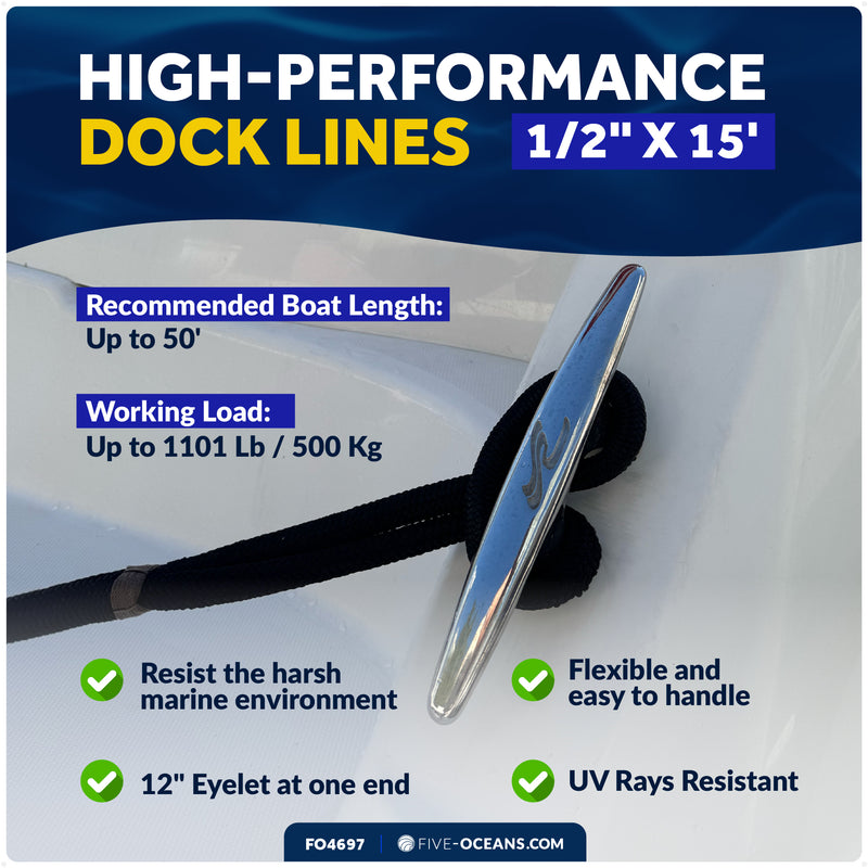 1/2" x 15' Dock Lines, Black, Double Braid Nylon, 4-Pack