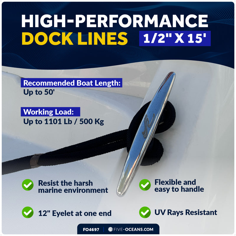 1/2" x 15' Dock Lines, Black, Double Braid Nylon, 4-Pack
