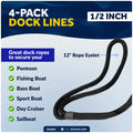 1/2" x 15' Dock Lines, Black, Double Braid Nylon, 4-Pack