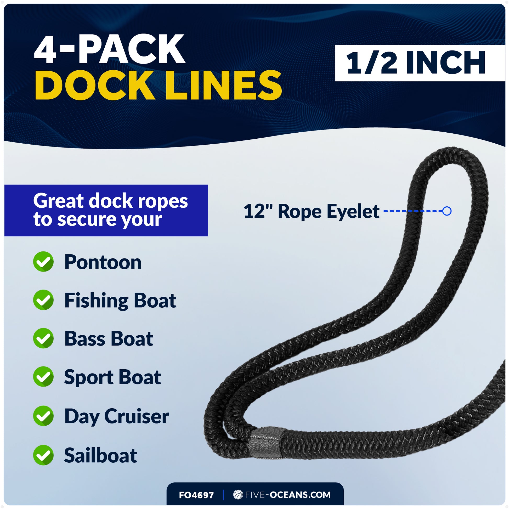 1/2" x 15' Boat Dock Lines with 12" Eyelet, Black Premium Double Braid Nylon, 4-Pack - FO4697 - Five Oceans