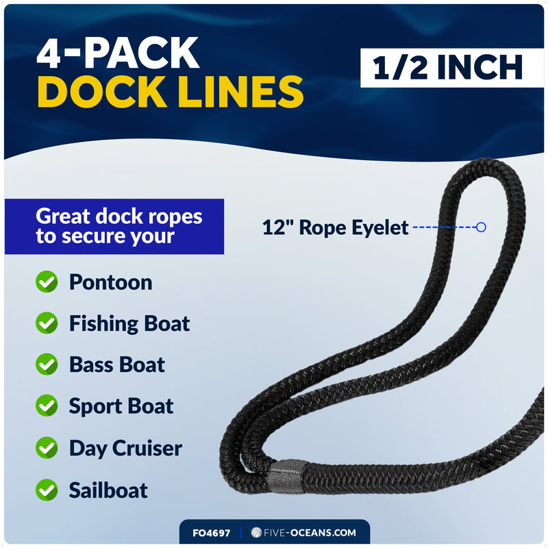 1/2" x 15' Dock Lines, Black, Double Braid Nylon, 4-Pack