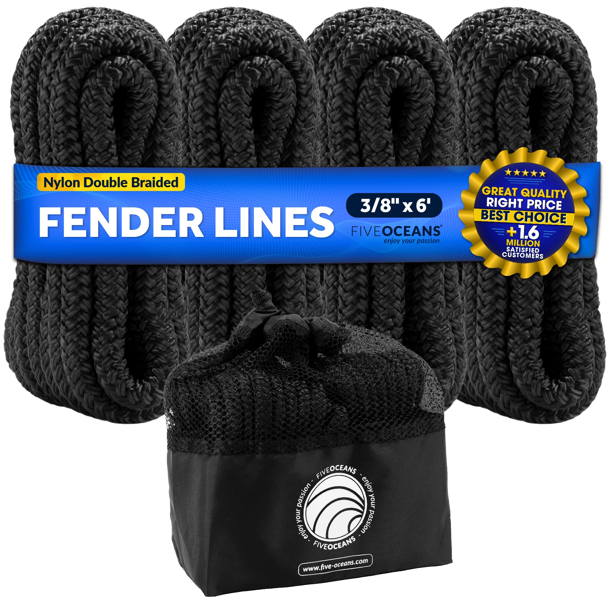 3/8" x 6' Boat Fender Lines with 5" Eyelet,  Black Premium Double Braid Nylon - FO4698 - Five Oceans