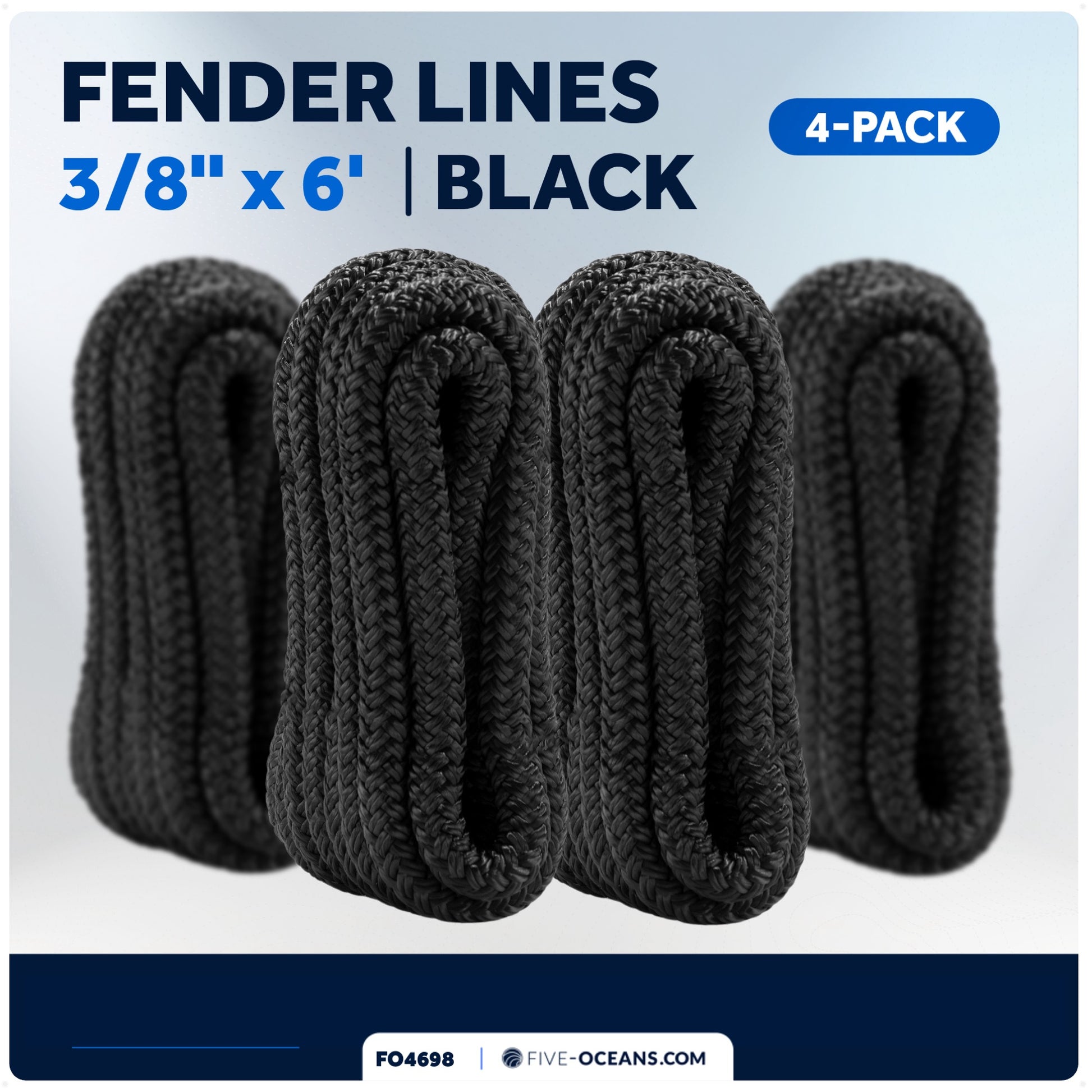 3/8" x 6' Boat Fender Lines with 5" Eyelet,  Black Premium Double Braid Nylon - FO4698 - Five Oceans