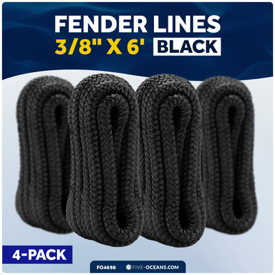 3/8" x 6' Fender Lines with 5" Eyelet, Black, Double Braid Nylon - FO4698 - Five Oceans