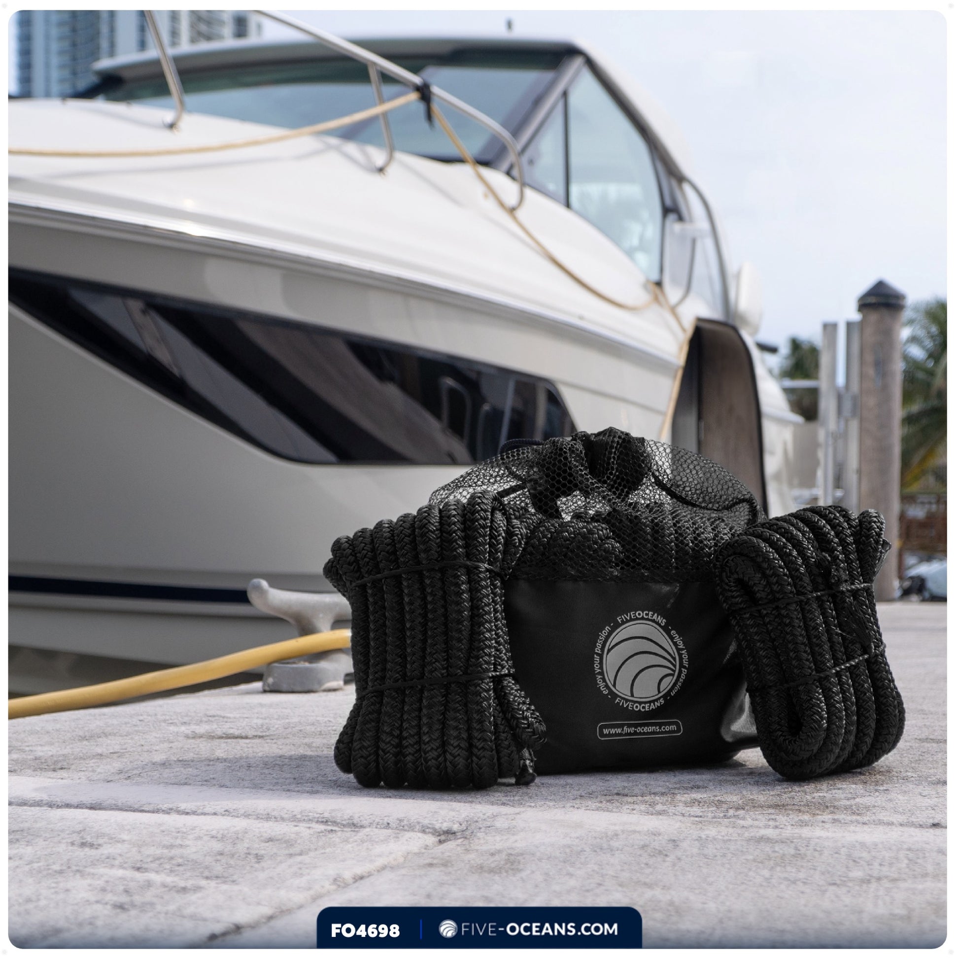 3/8" x 6' Boat Fender Lines with 5" Eyelet,  Black Premium Double Braid Nylon - FO4698 - Five Oceans