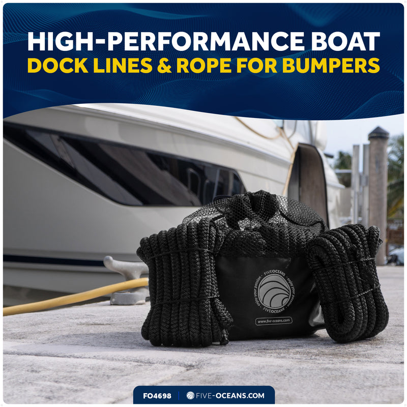 3/8" x 6' Fender Lines with 5" Eyelet, Black, Double Braid Nylon - FO4698 - Five Oceans