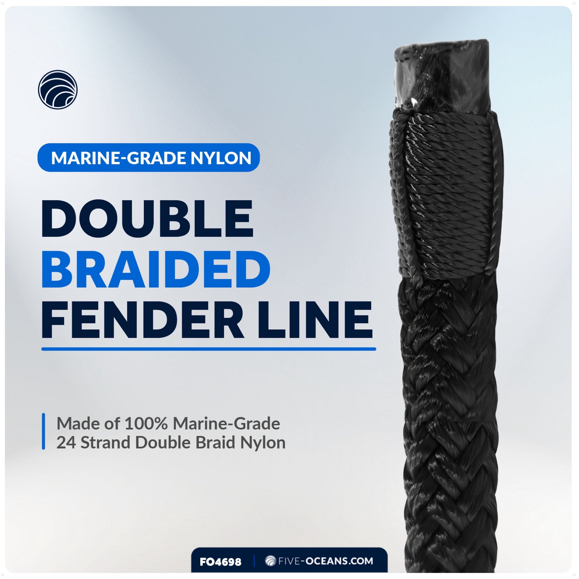 3/8" x 6' Boat Fender Lines with 5" Eyelet,  Black Premium Double Braid Nylon - FO4698 - Five Oceans