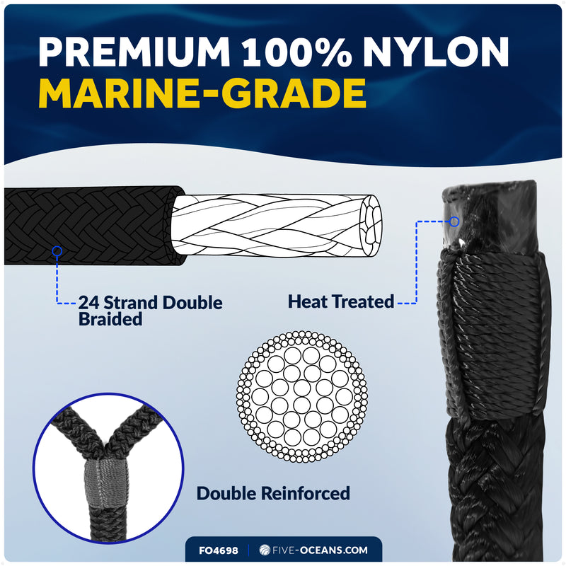 3/8" x 6' Fender Lines with 5" Eyelet, Black, Double Braid Nylon - FO4698 - Five Oceans
