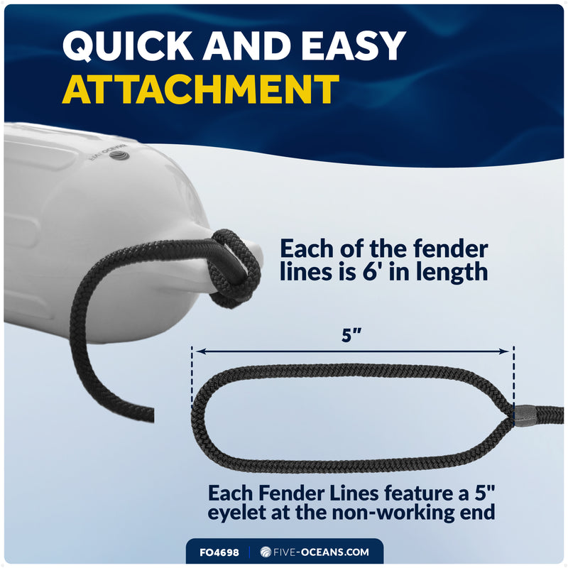 3/8" x 6' Fender Lines with 5" Eyelet, Black, Double Braid Nylon - FO4698 - Five Oceans
