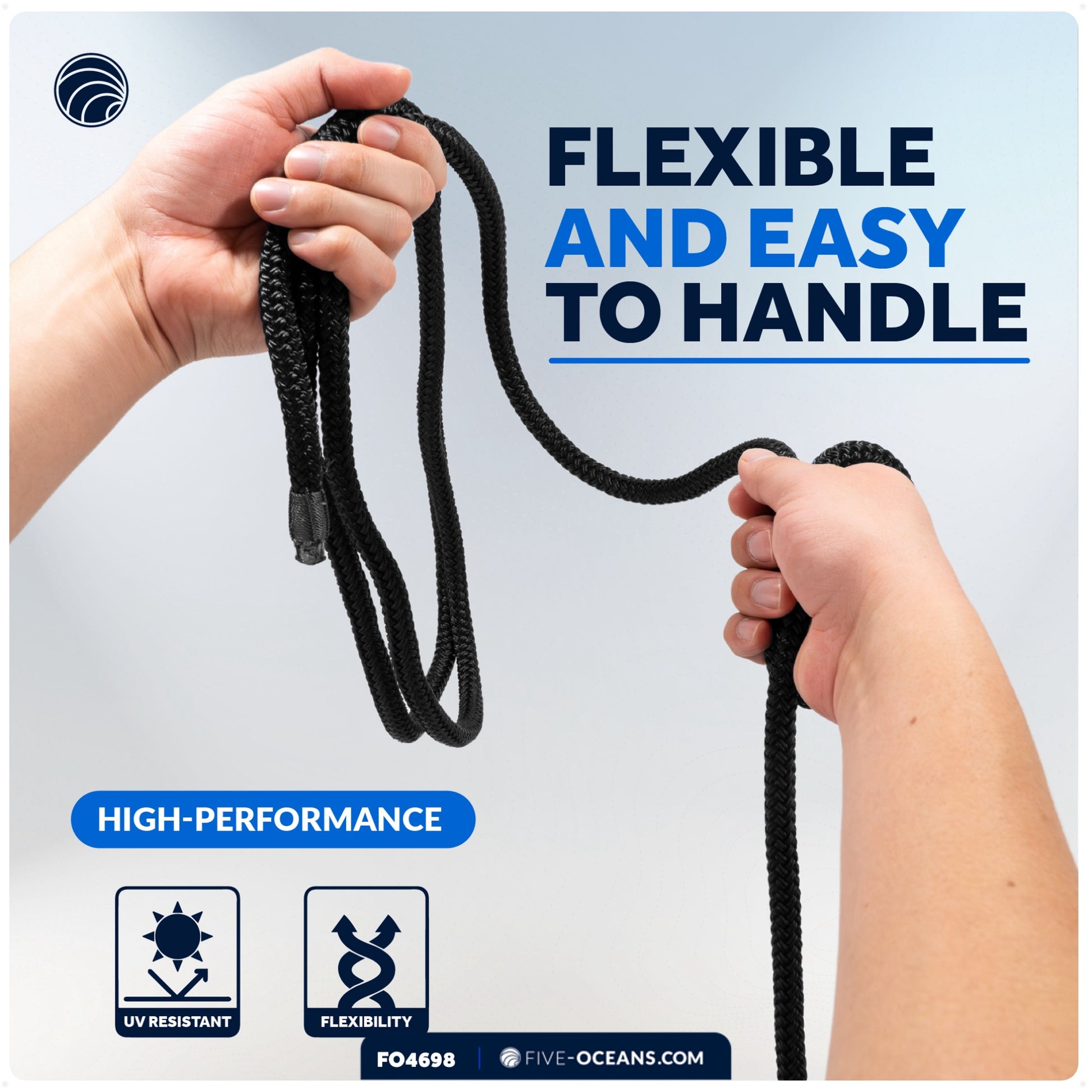 3/8" x 6' Boat Fender Lines with 5" Eyelet,  Black Premium Double Braid Nylon - FO4698 - Five Oceans