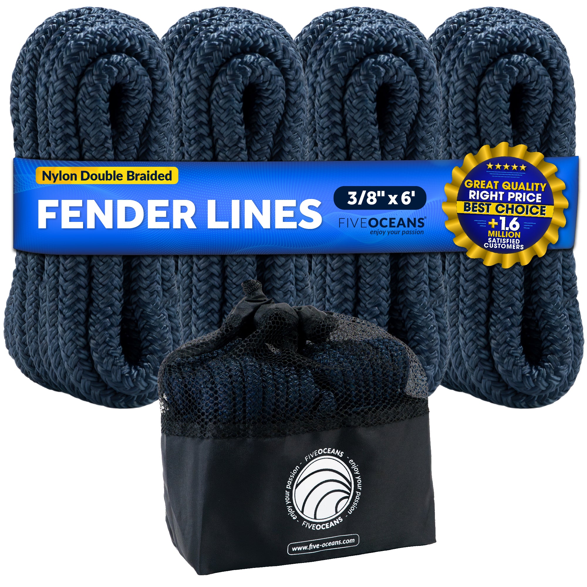 3/8" x 6' Boat Fender Lines with 5" Eyelet,  Navy Blue Premium Double Braid Nylon - FO4699 - Five Oceans