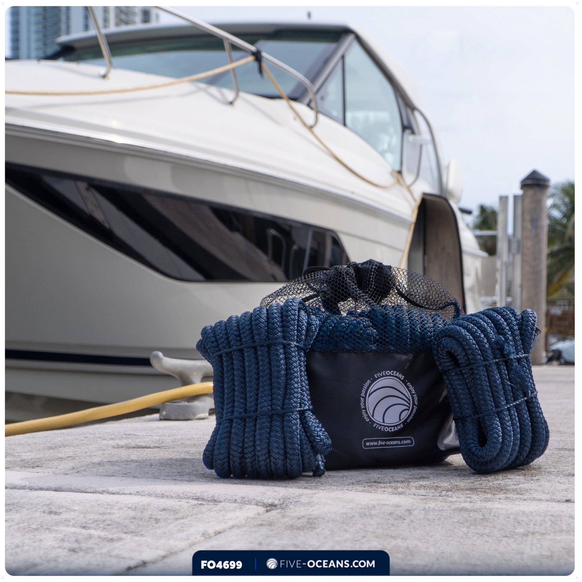 3/8" x 6' Boat Fender Lines with 5" Eyelet,  Navy Blue Premium Double Braid Nylon - FO4699 - Five Oceans