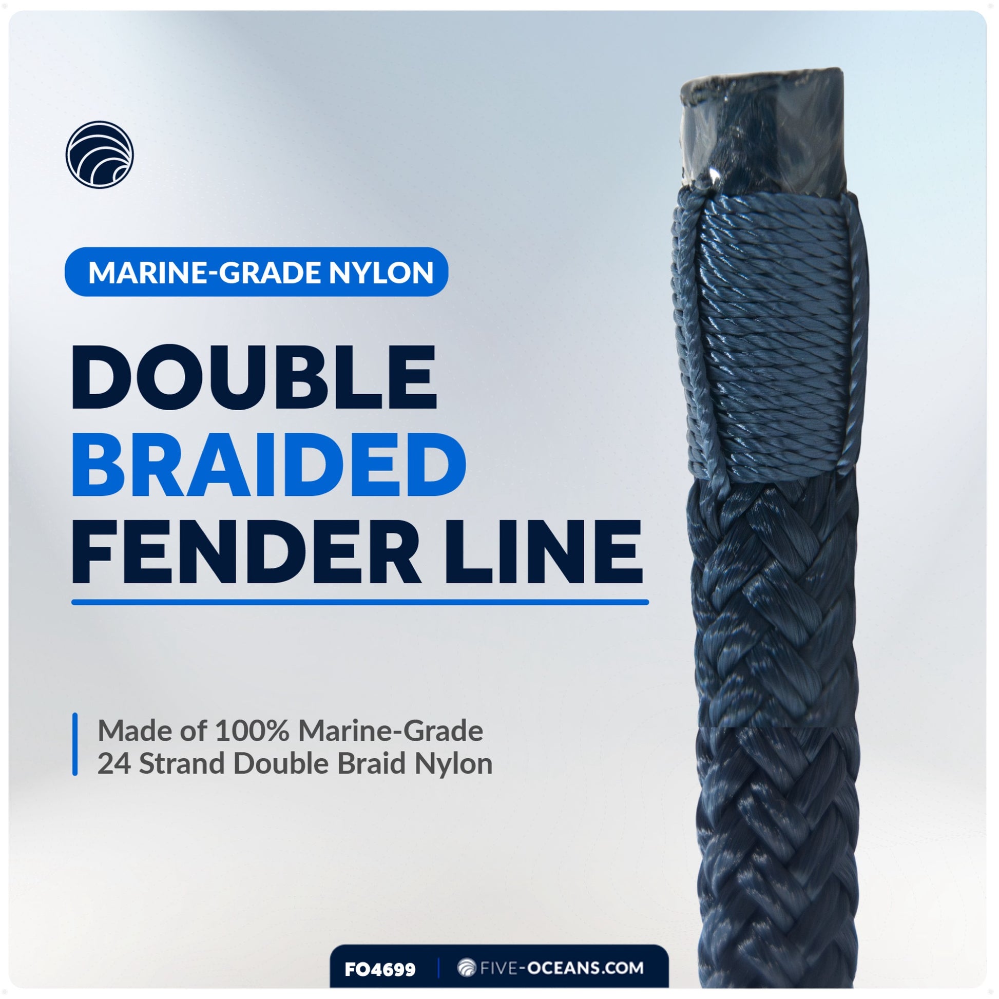 3/8" x 6' Boat Fender Lines with 5" Eyelet,  Navy Blue Premium Double Braid Nylon - FO4699 - Five Oceans
