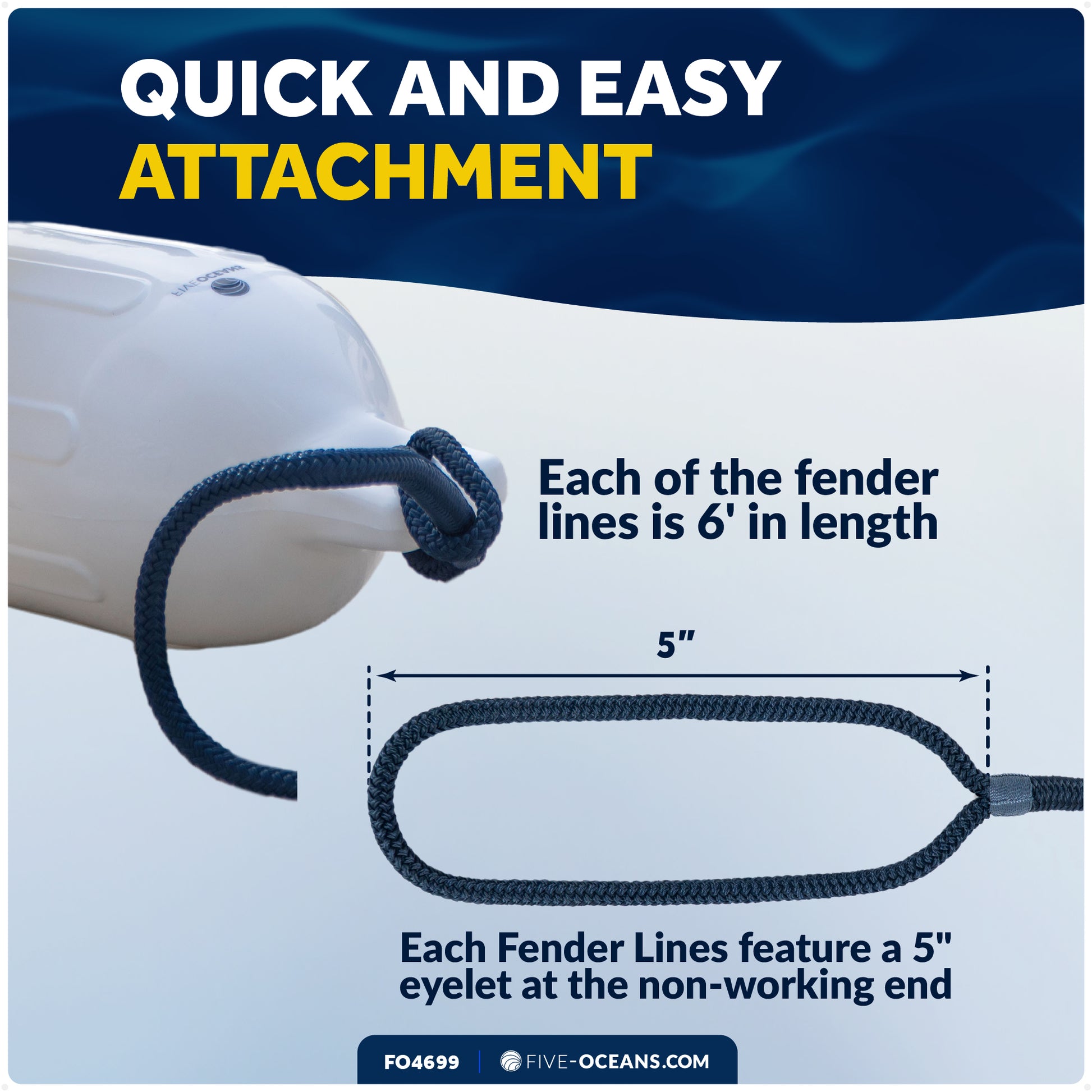 3/8" x 6' Fender Lines with 5" Eyelet, Navy Blue, Double Braid Nylon - FO4699 - Five Oceans