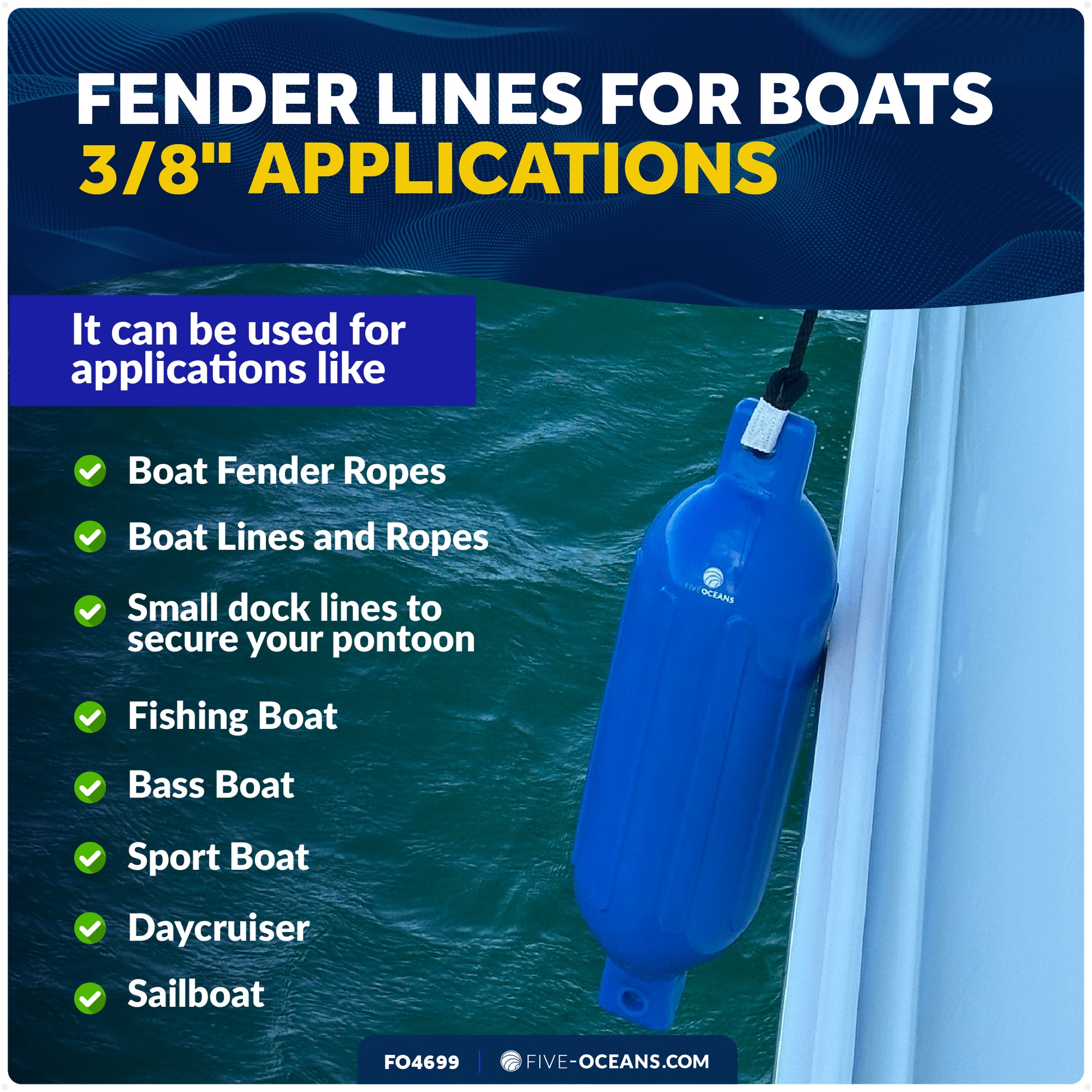3/8" x 6' Fender Lines with 5" Eyelet, Navy Blue, Double Braid Nylon - FO4699 - Five Oceans