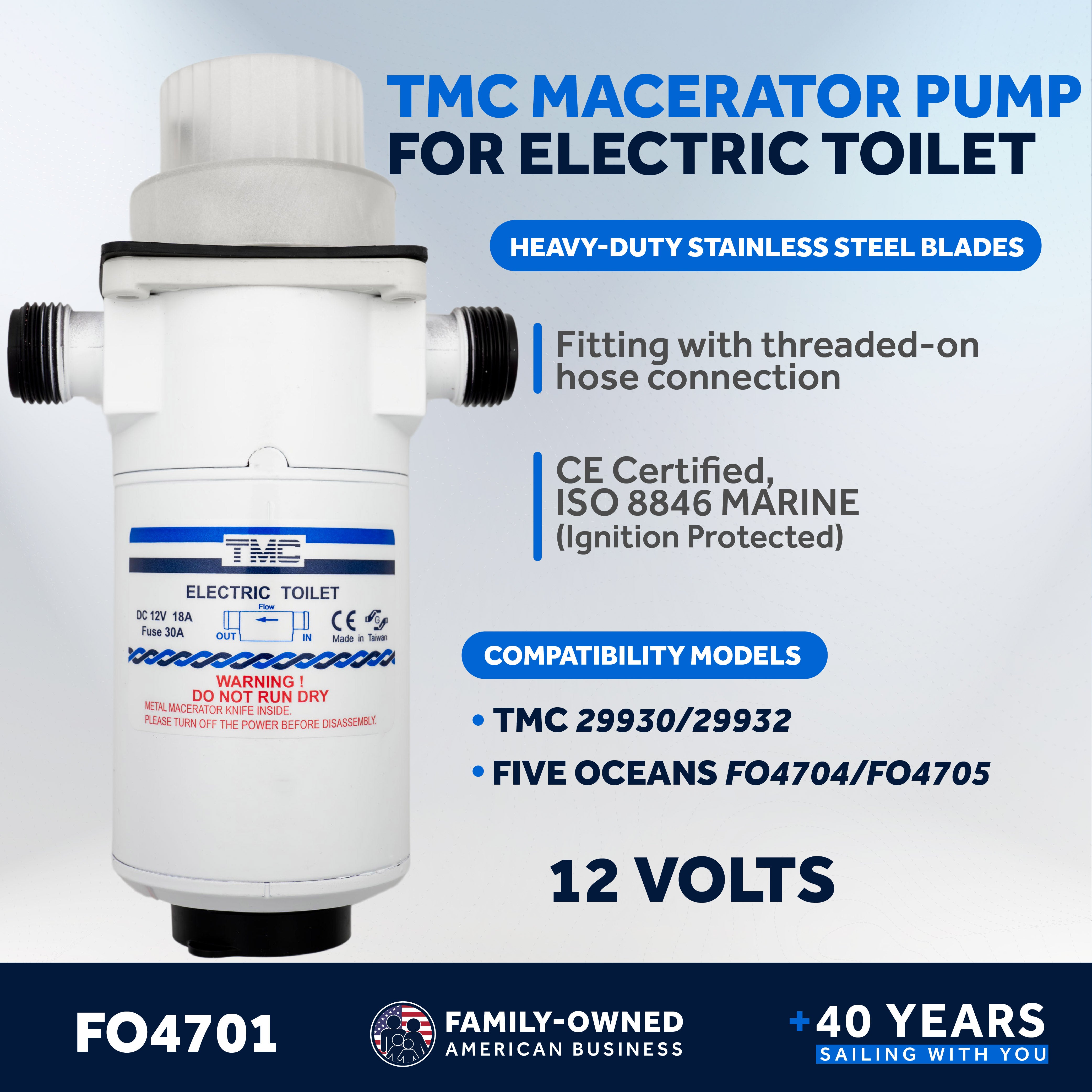 TMC Electric Toilet Macerator Waste Pump with Threaded-On Hose Connection 12V - FO4701
