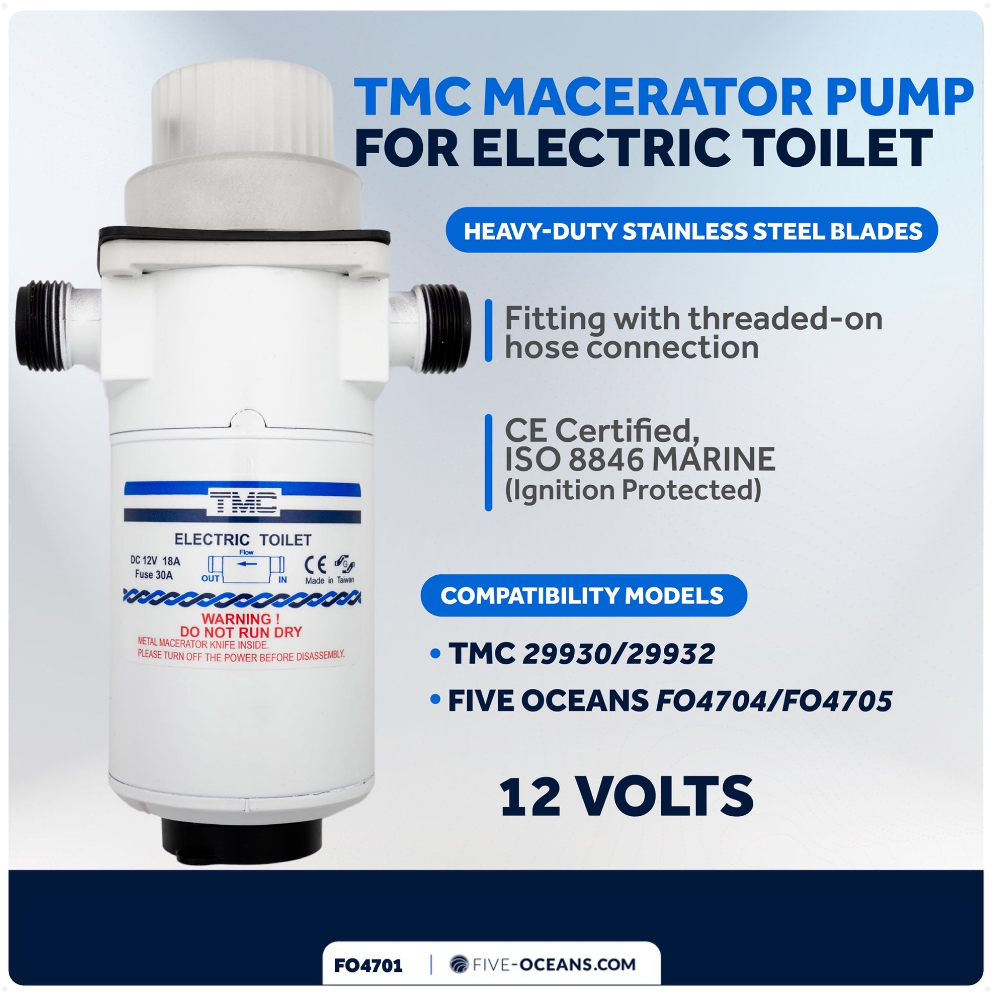 TMC Electric Toilet Macerator Waste Pump with Threaded-On Hose Connection 12V - FO4701 - Five Oceans