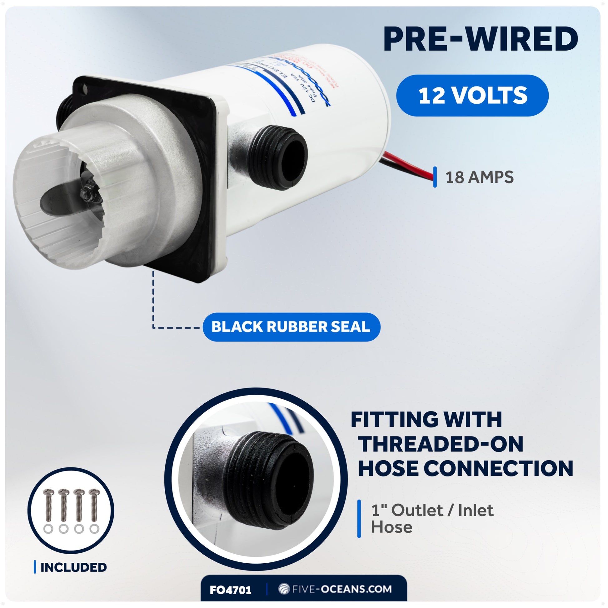 TMC Electric Toilet Macerator Waste Pump with Threaded-On Hose Connection 12V - FO4701 - Five Oceans