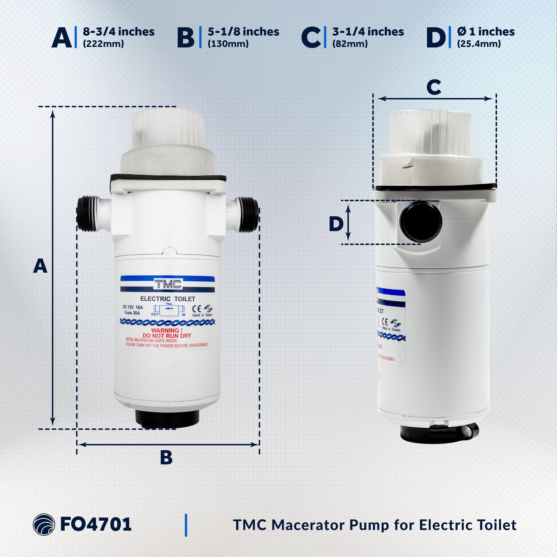 TMC Electric Toilet Macerator Waste Pump with Threaded-On Hose Connection 12V - FO4701 - Five Oceans