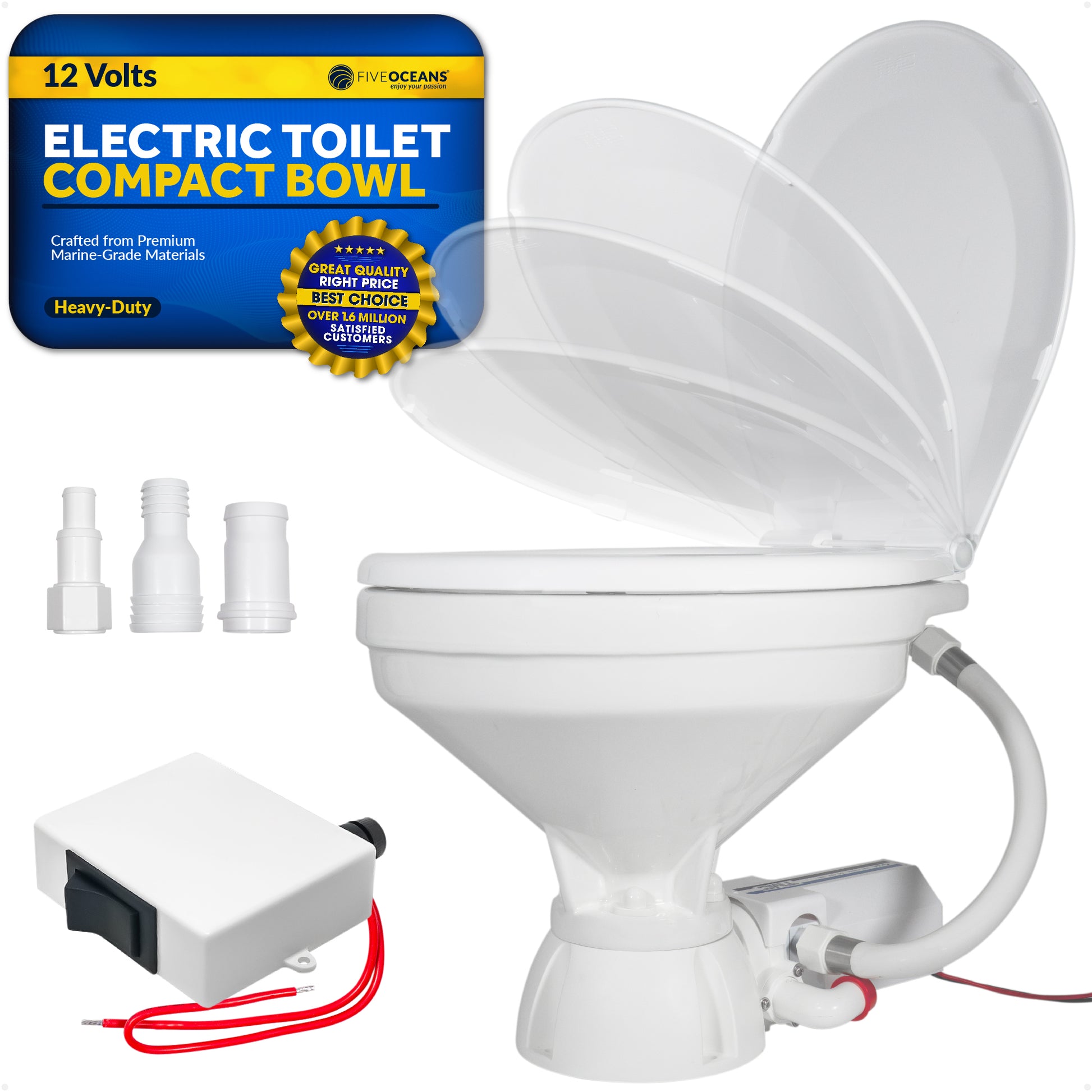 TMC Electric Toilet with Threaded-On Hose Connection, Compact Bowl, On-Off Flush Control 12V DC <BR><BR>- FO4704 - Five Oceans