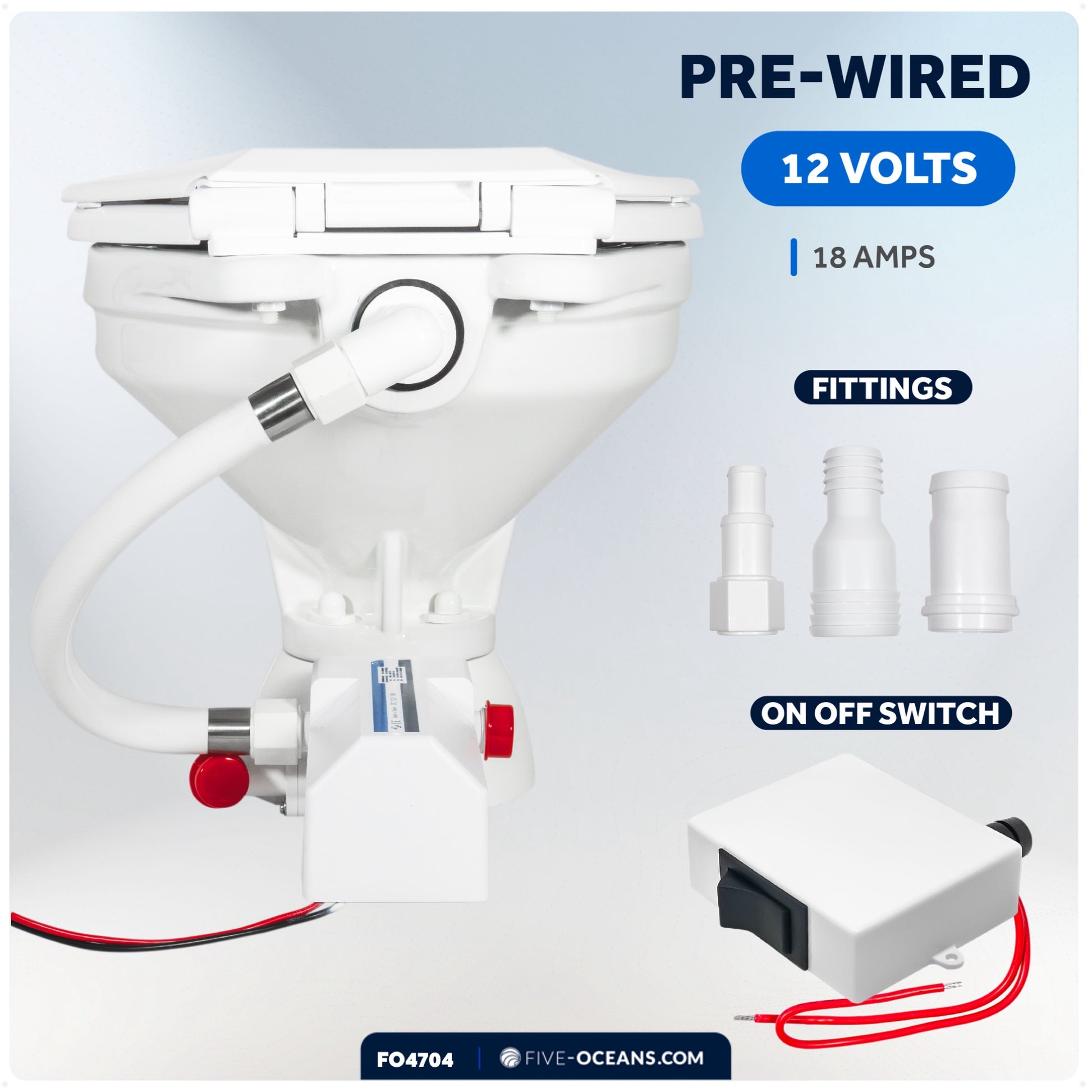 TMC Electric Toilet with Threaded-On Hose Connection, Compact Bowl, On-Off Flush Control 12V DC <BR><BR>- FO4704 - Five Oceans