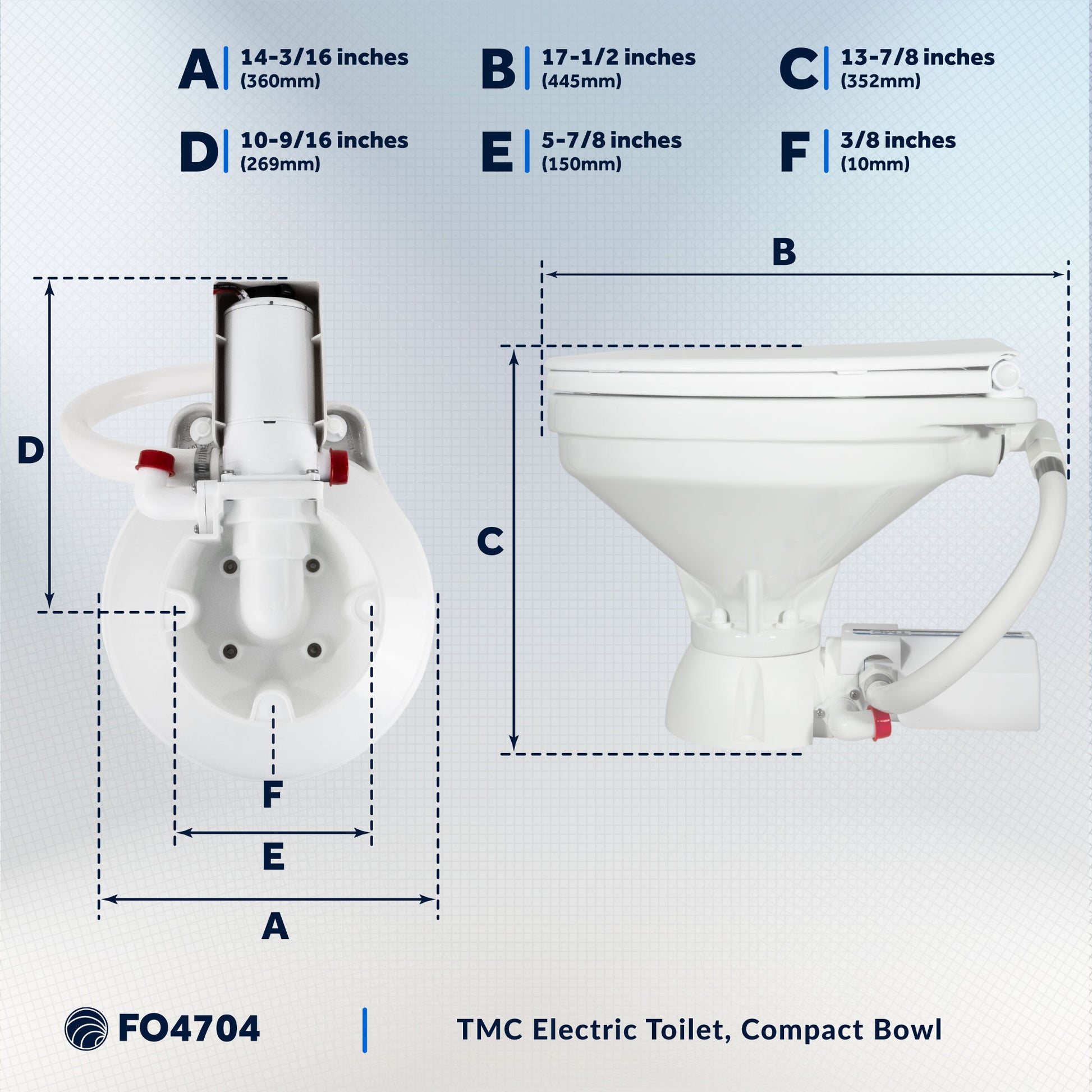TMC Electric Toilet with Threaded-On Hose Connection, Compact Bowl, On-Off Flush Control 12V DC <BR><BR>- FO4704 - Five Oceans