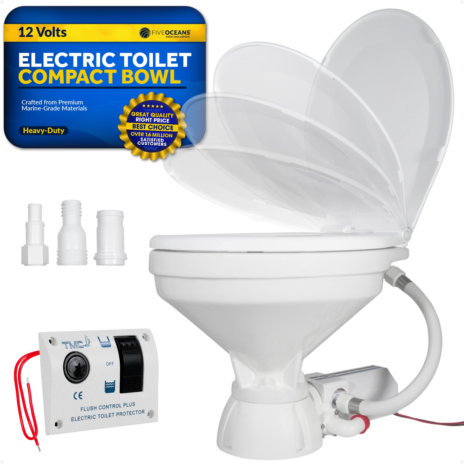 TMC Electric Toilet with Threaded-On Hose Connection, Compact Bowl, Smart Flush Control 12V DC <BR><BR>- FO4705 - Five Oceans