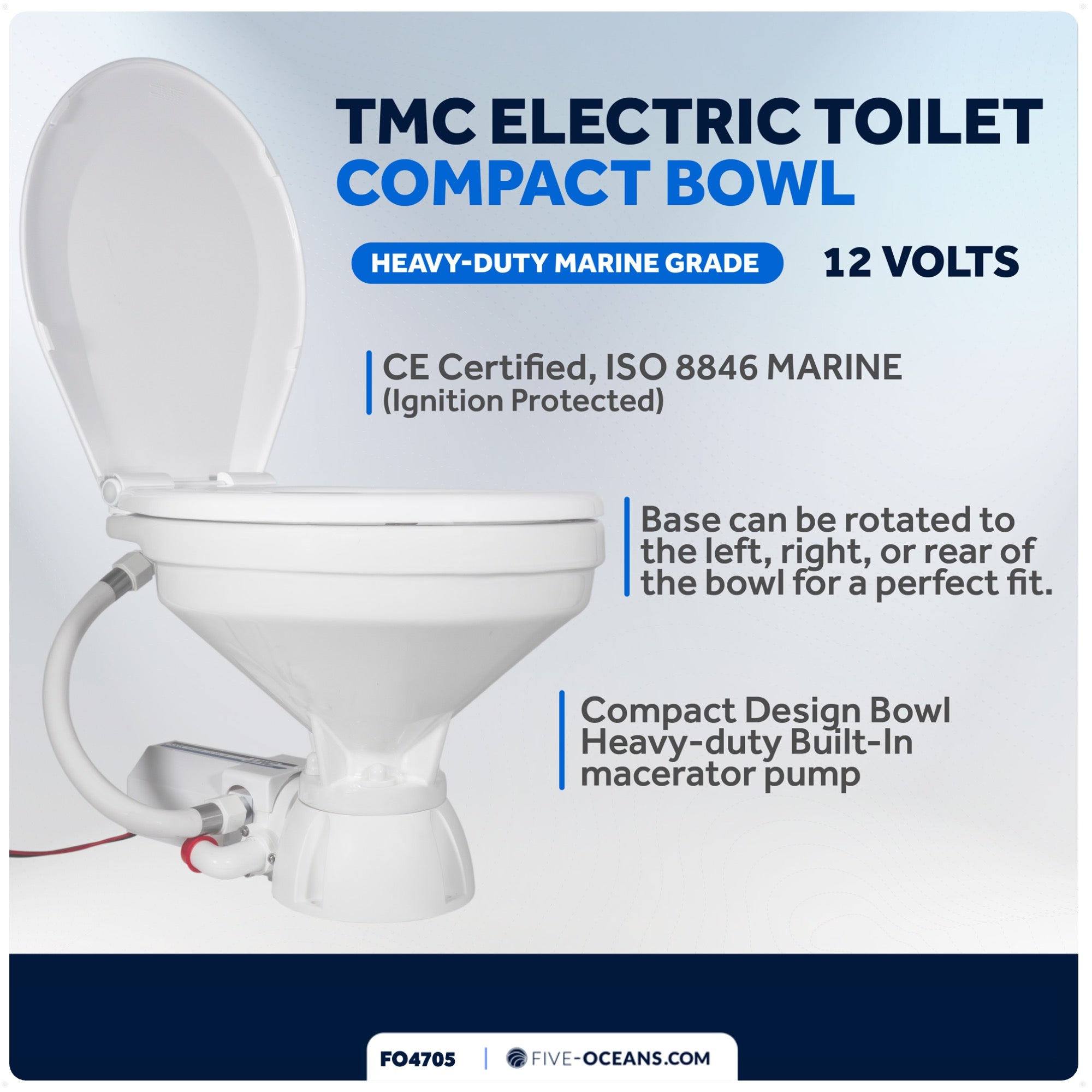 TMC Electric Toilet with Threaded-On Hose Connection, Compact Bowl, Smart Flush Control 12V DC <BR><BR>- FO4705 - Five Oceans