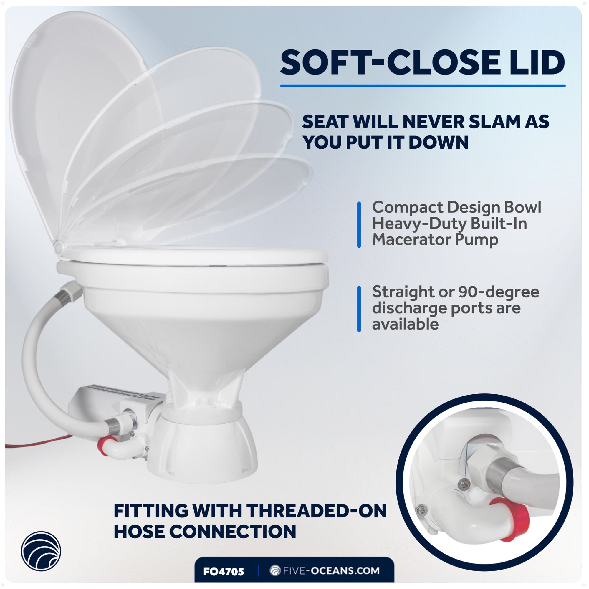 TMC Electric Toilet with Threaded-On Hose Connection, Compact Bowl, Smart Flush Control 12V DC <BR><BR>- FO4705 - Five Oceans