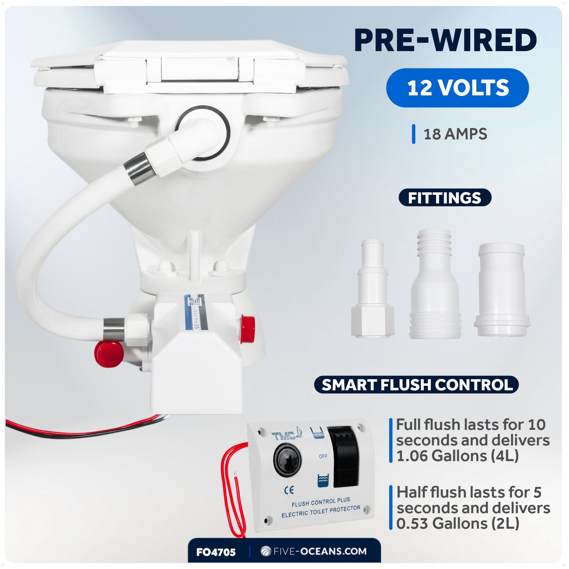 TMC Electric Toilet with Threaded-On Hose Connection, Compact Bowl, Smart Flush Control 12V DC <BR><BR>- FO4705 - Five Oceans