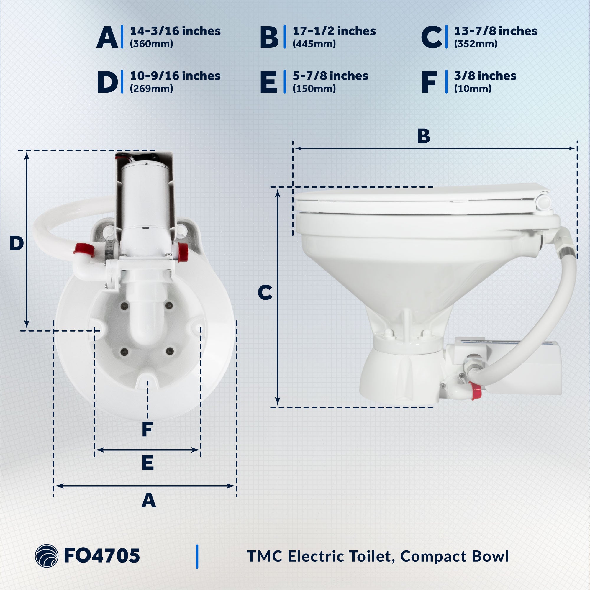 TMC Electric Toilet with Threaded-On Hose Connection, Compact Bowl, Smart Flush Control 12V DC <BR><BR>- FO4705 - Five Oceans